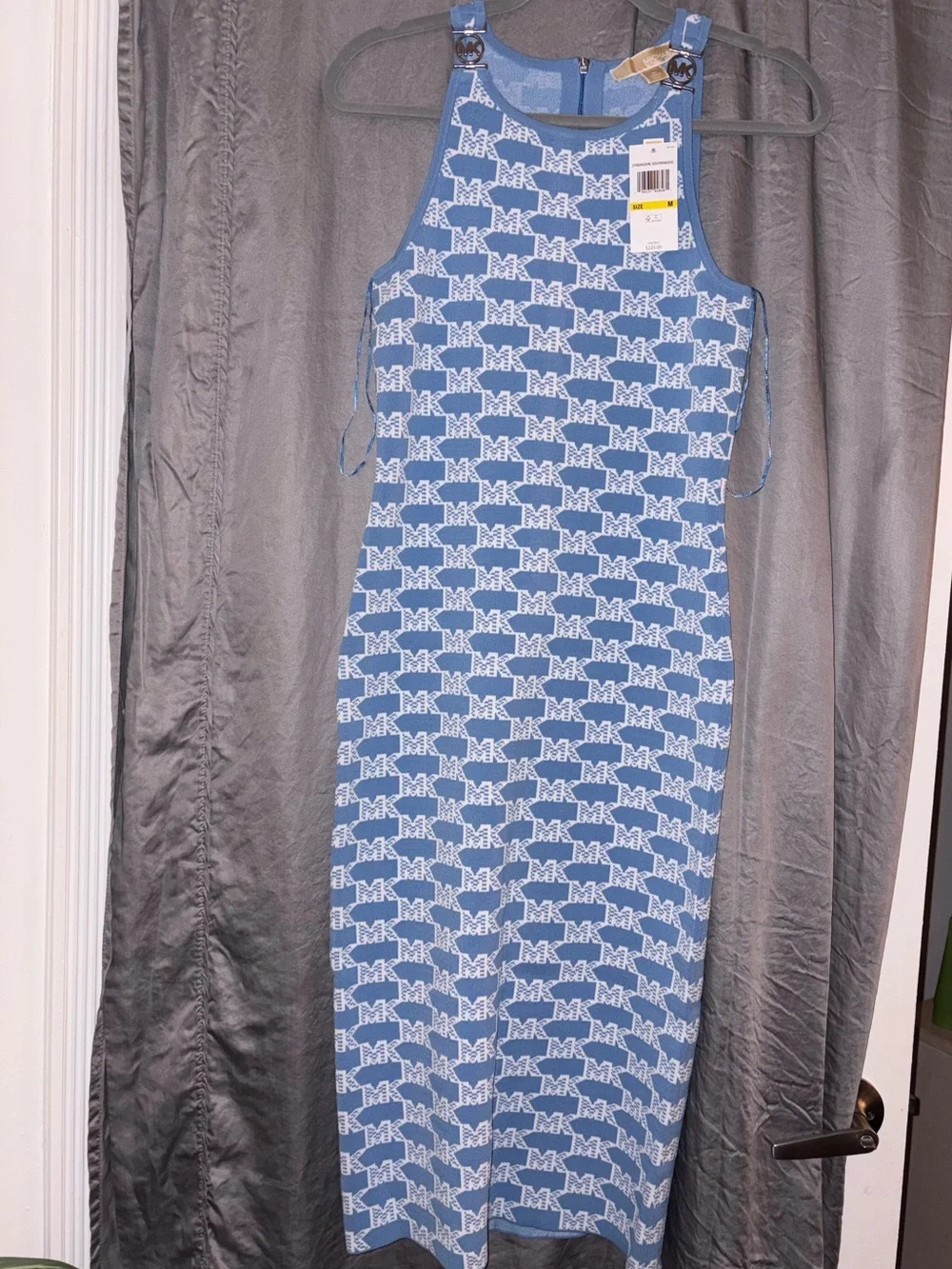 Michael Kors Light Blue and White MK Logo Knit Tank Dress